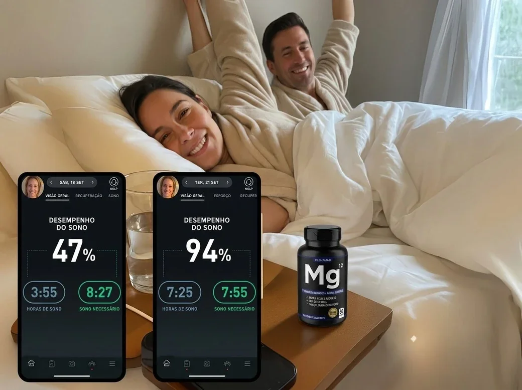 Casal acordando descansado na cama, com dois celulares no criado-mudo mostrando a pontuação de sono antes e depois, ao lado do produto.