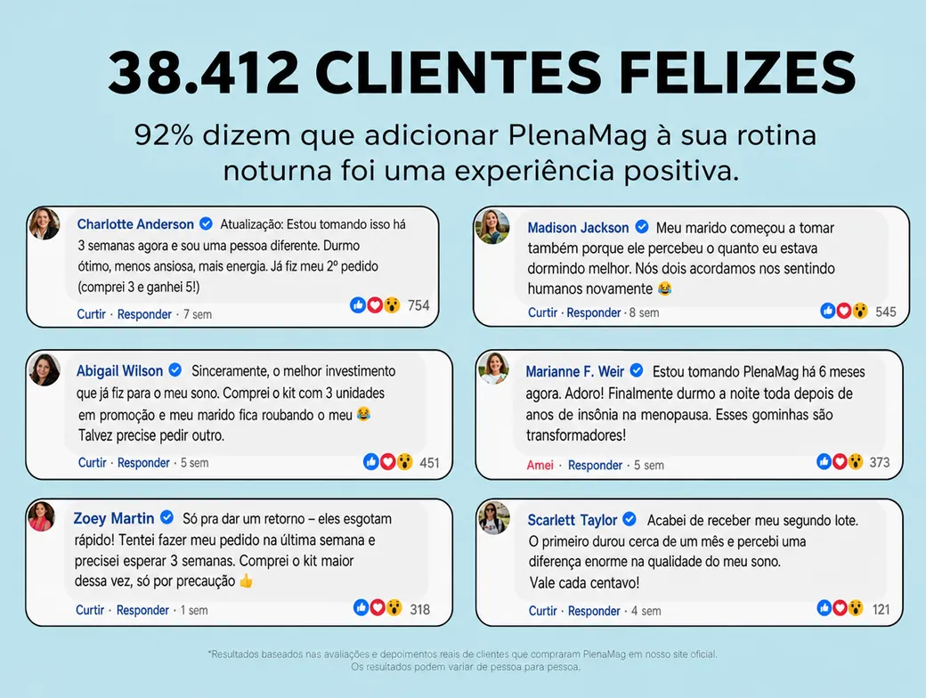 Bloco com prints de comentários de clientes elogiando o produto na rotina noturna.