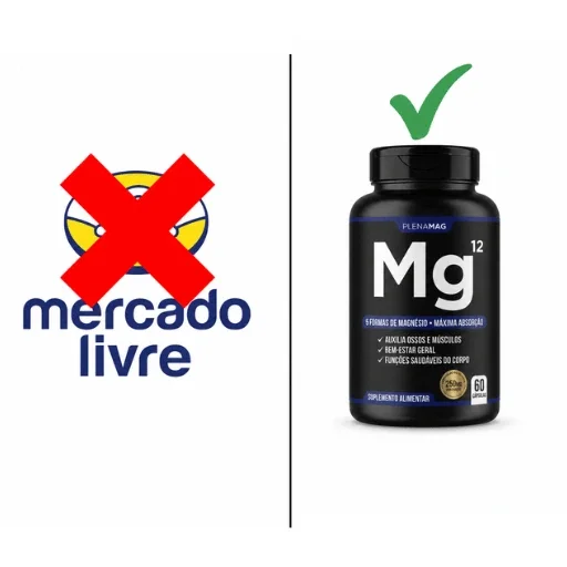 Comparativo mostrando marketplaces marcados com X vermelho de um lado e a embalagem do produto com um check verde do outro.