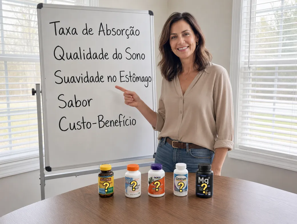 Mulher apontando para um quadro branco com os critérios: absorção, qualidade do sono, leve no estômago, sabor e custo-benefício, ao lado de potes de magnésio marcados com interrogação.