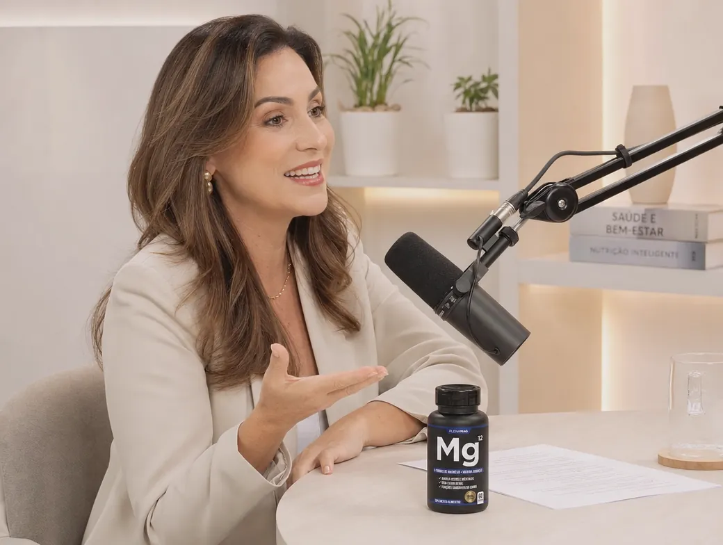 Mulher sentada em um estúdio, falando ao microfone e segurando um pote de suplemento de magnésio.