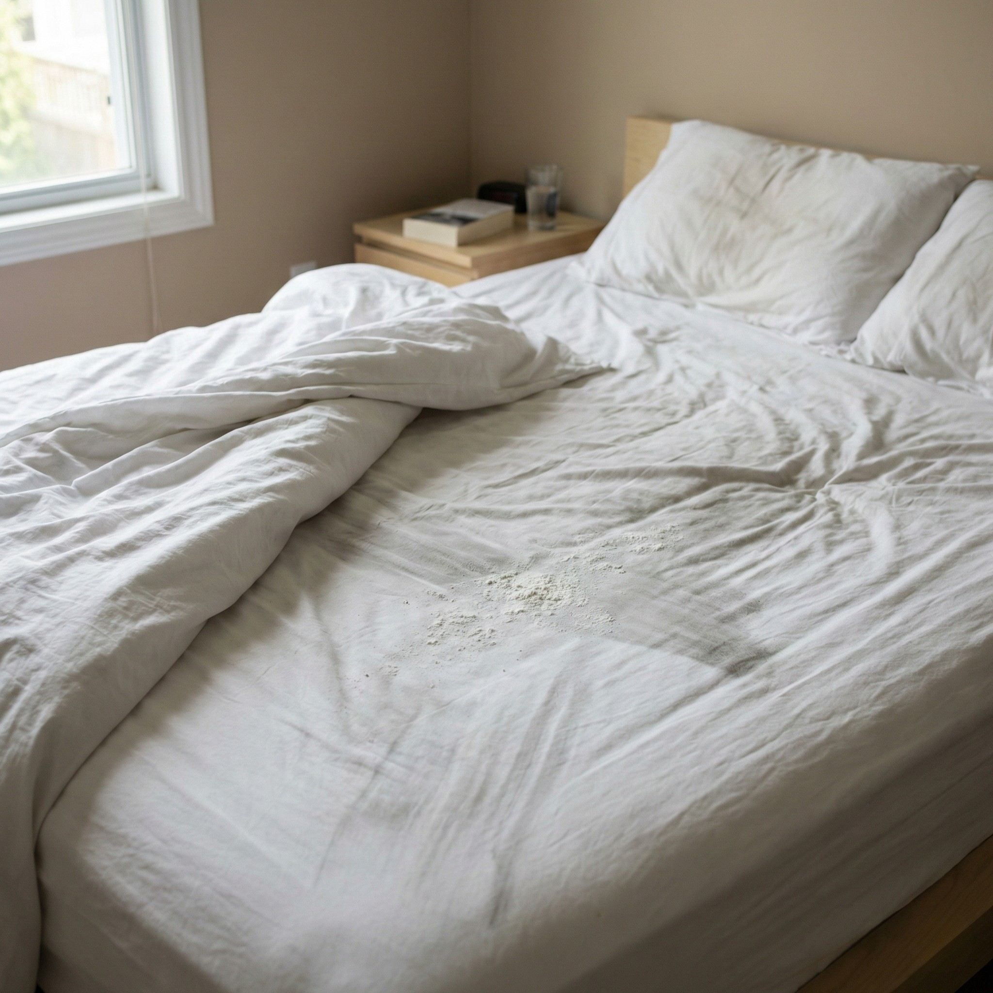 Lit avec traces de poudre sur les draps