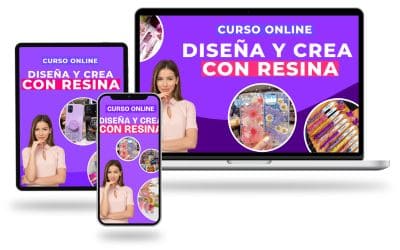 Curso Online Diseña y Crea con Resina mostrado en laptop, tablet y móvil