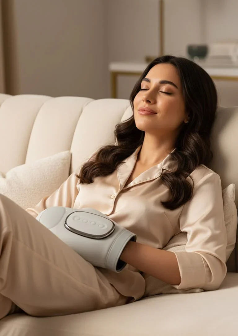 Woman relaxing on couch using RelivRx Hand Massager