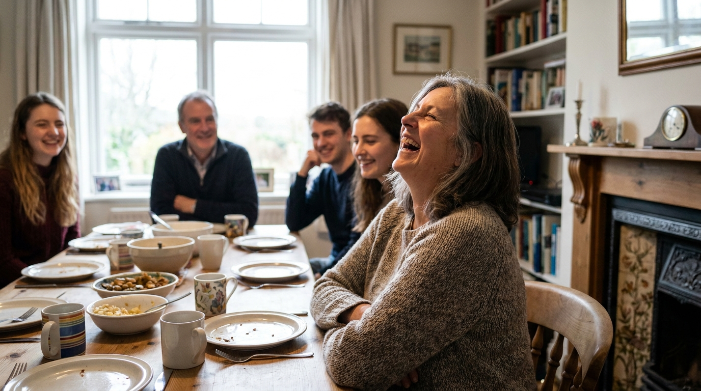 Familie samlet omkring spisebordet