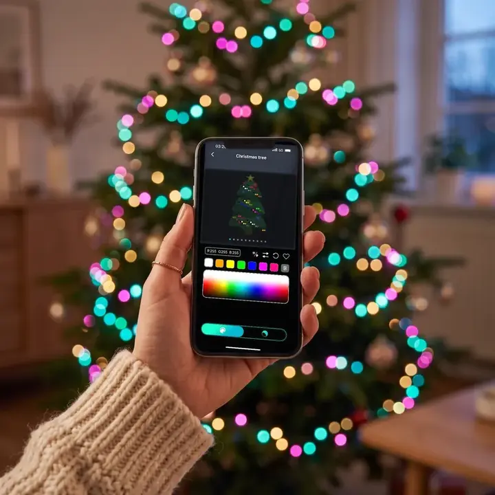 Telefon cu aplicația reală a instalației deschisă pe ecranul Christmas tree, cu bradul aprins în fundal