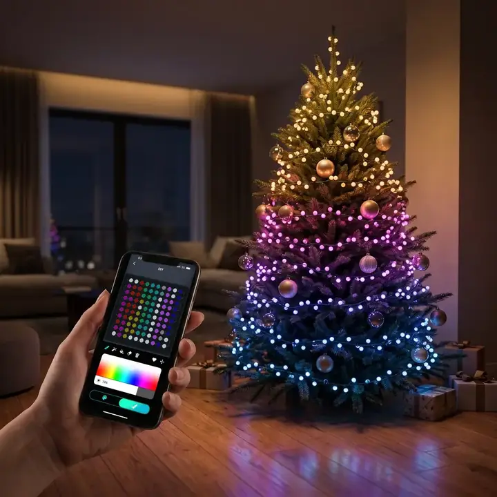 Living cu bradul luminat în degradeu și telefonul cu aplicația reală, ecranul DIY
