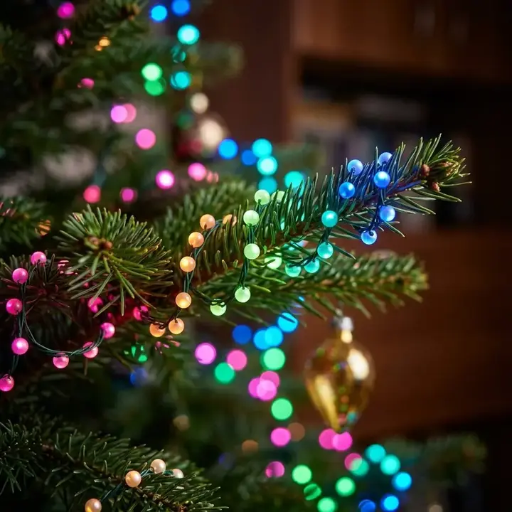 Detaliu cu LED-urile rotunde pe fir verde închis, fiecare aprins în altă culoare
