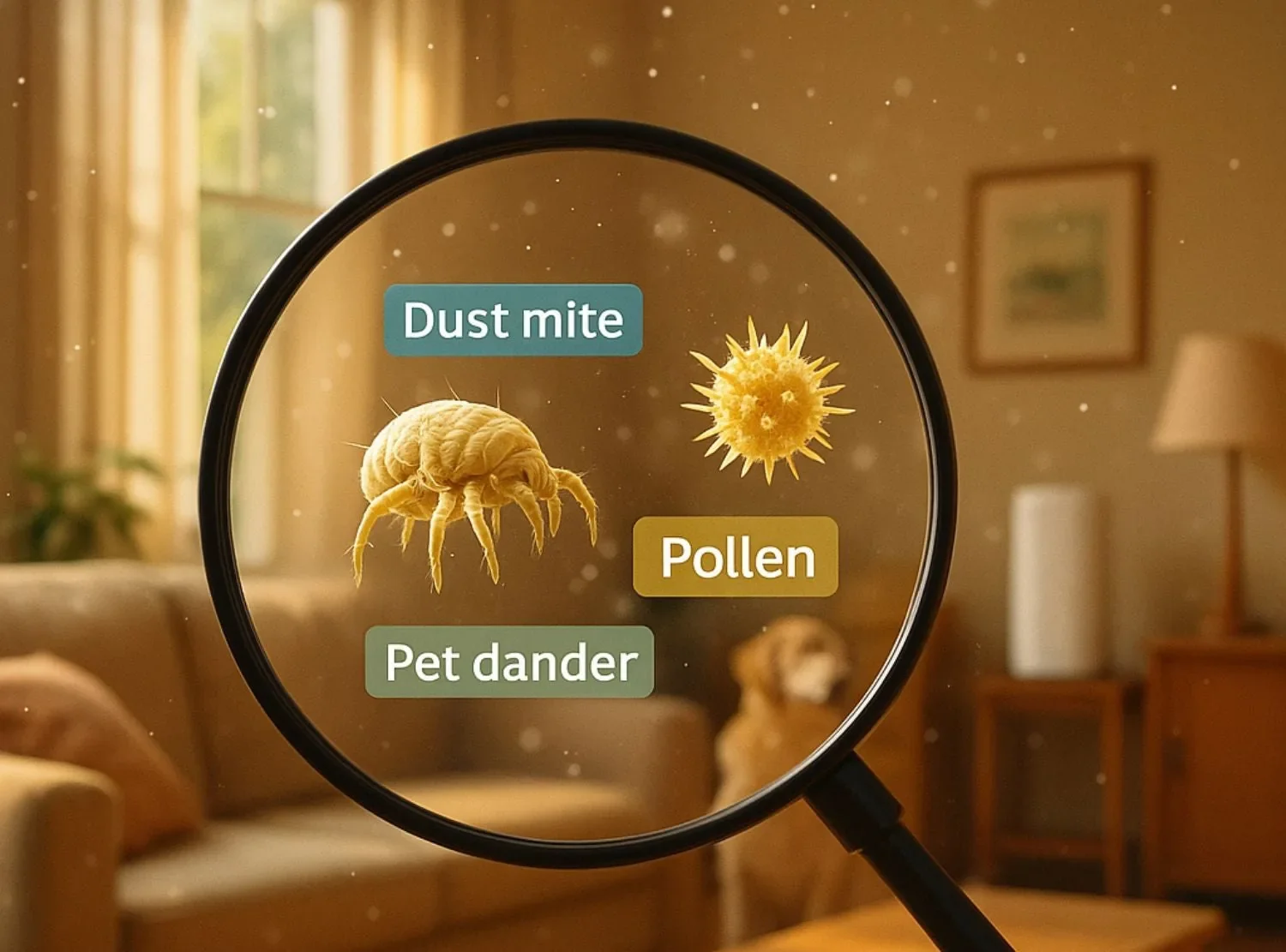 Magnified dust mite, pet dander and pollen particles