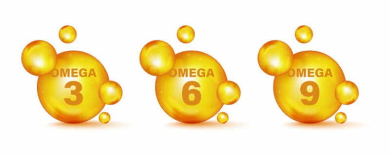 Omega-3, Omega-6 und Omega-9 Moleküle schematisch