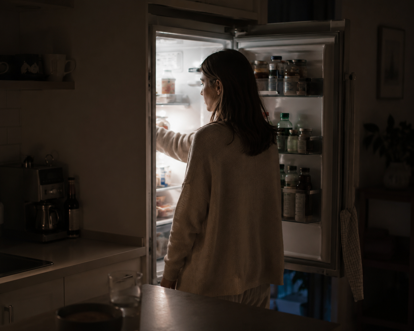 Nachts am offenen Kühlschrank