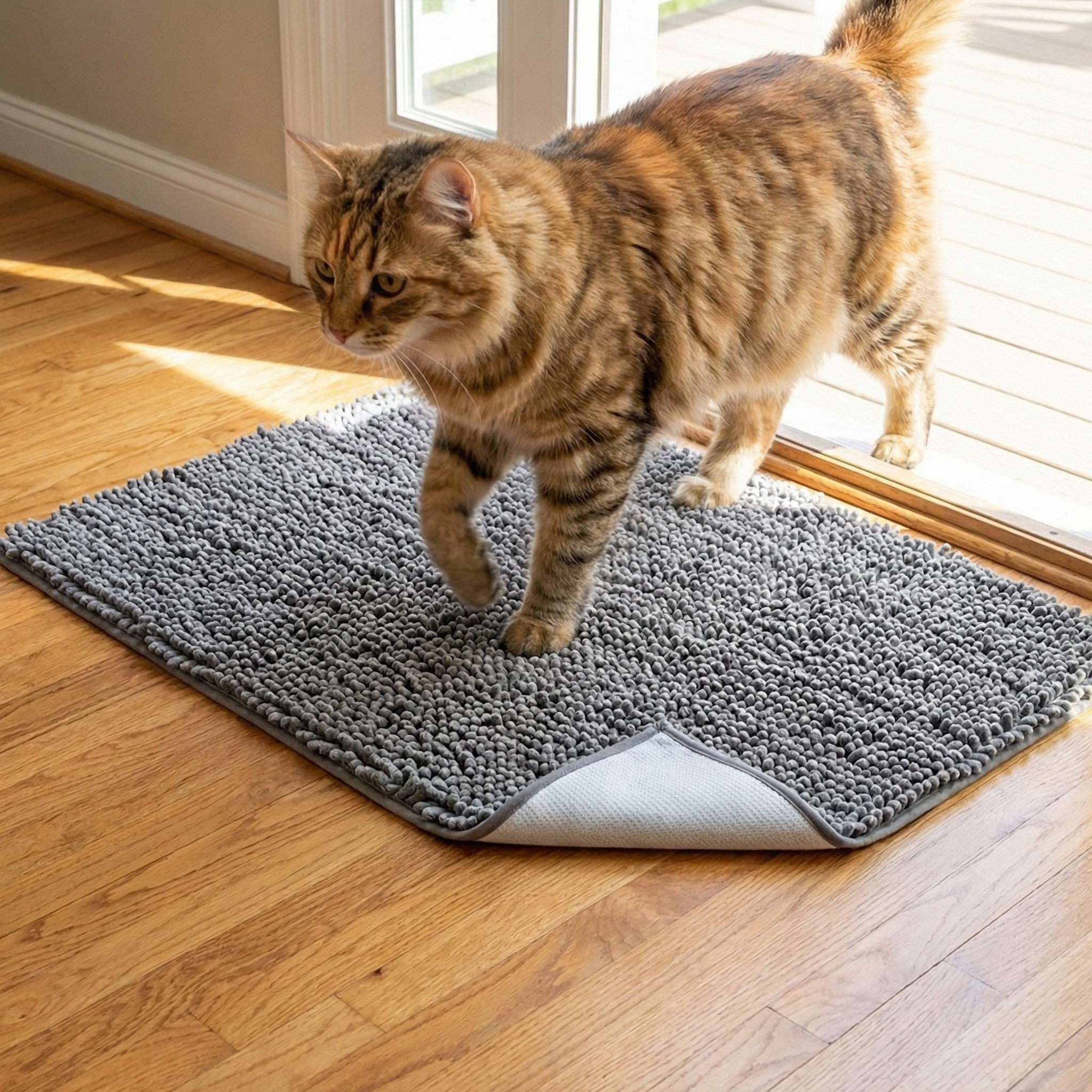 Cat walking on Muddy Mat chenille microfiber mat on hardwood floor