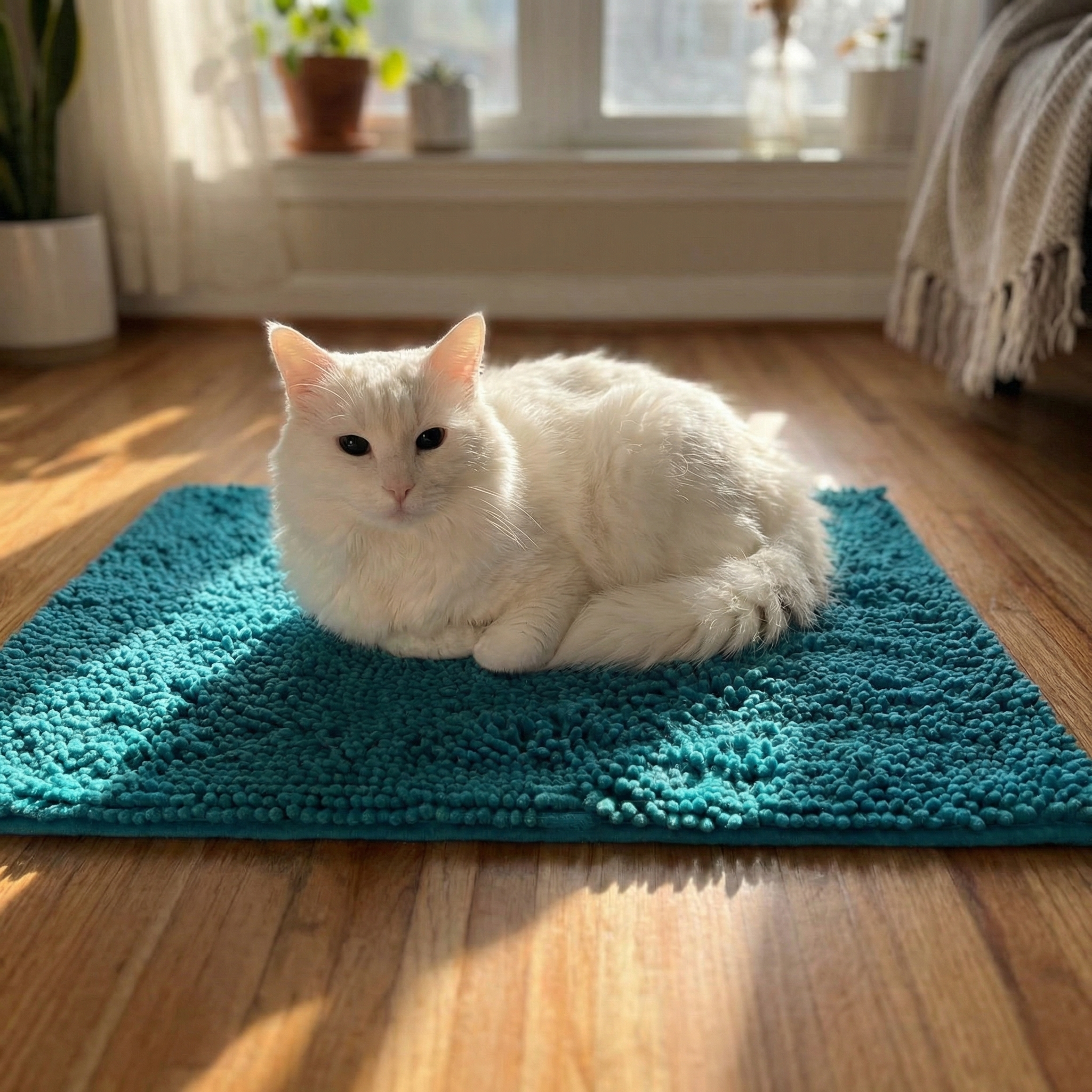 White cat relaxing on teal Muddy Mat chenille mat in living room
