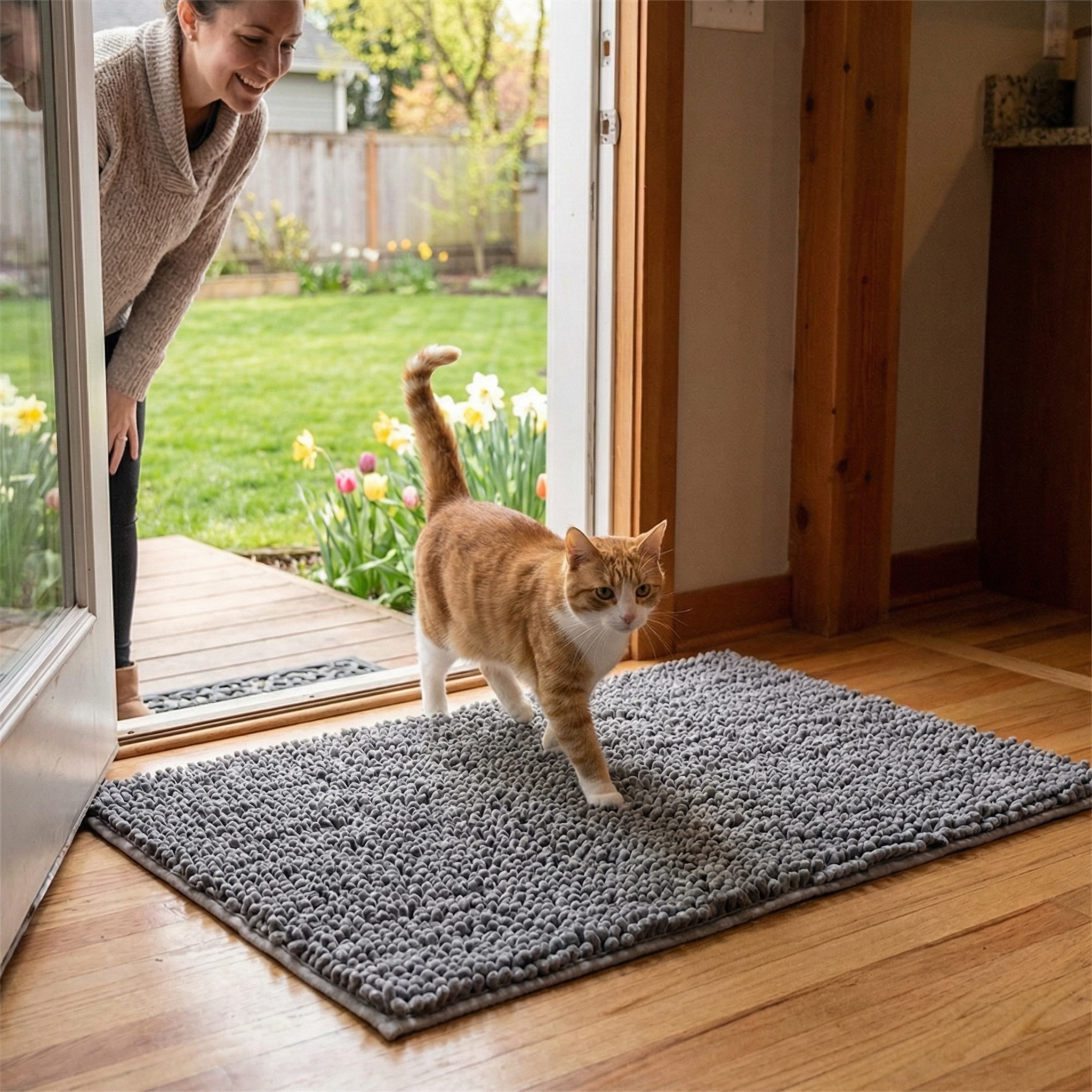 Cat walking on Muddy Mat at doorway with owner