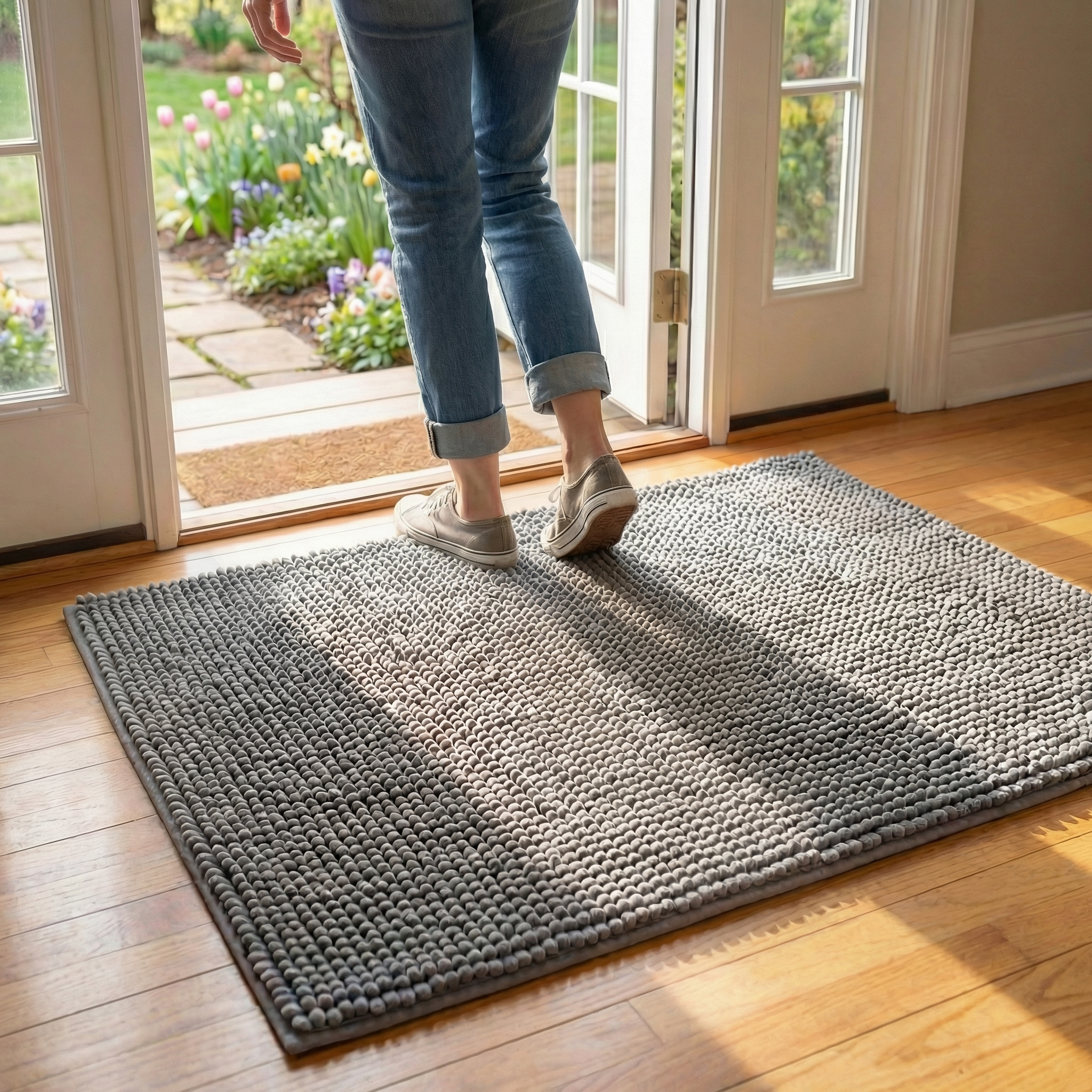 Person stepping onto absorbent entryway mat