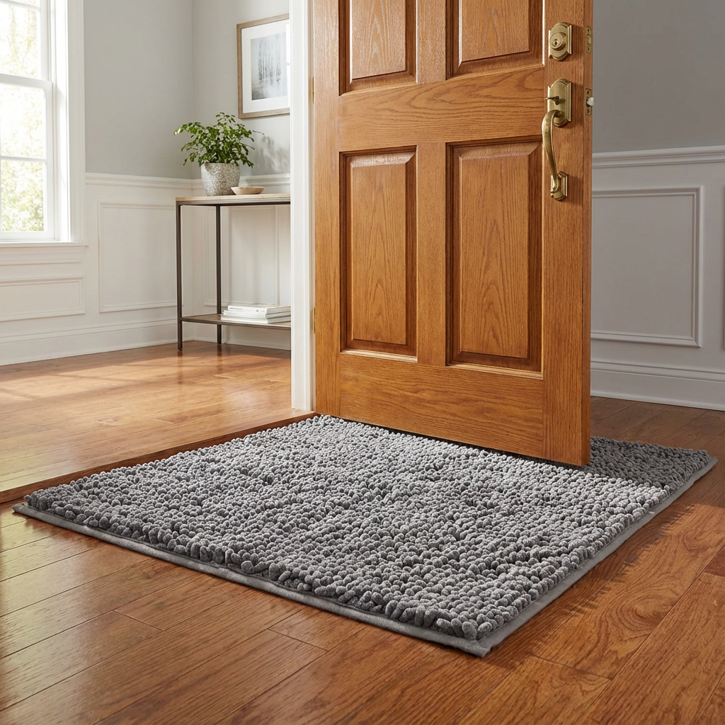 Muddy Mat grey chenille entryway mat at front door
