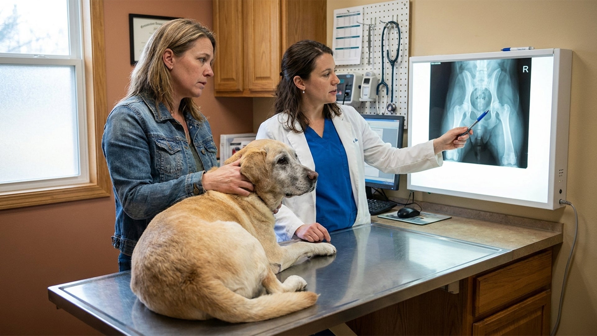 Vet showing dog owner an X-ray of her dog's spine at a veterinary clinic