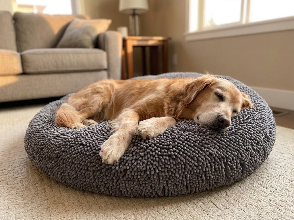 Dog sleeping peacefully in Cloud K9 bed with raised edges