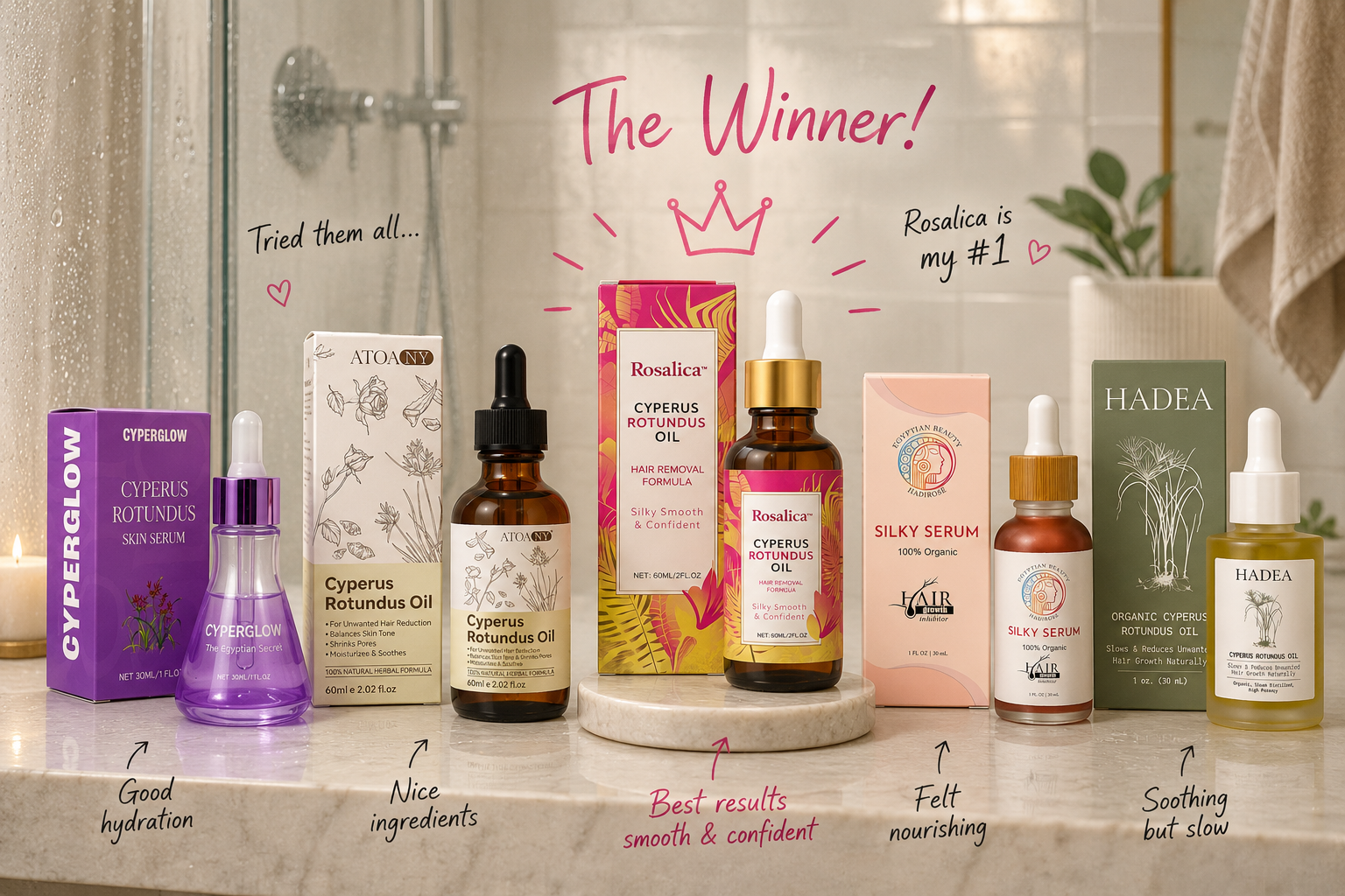 Cyperus Rotundus oil products tested side by side with Rosalica selected as the winner