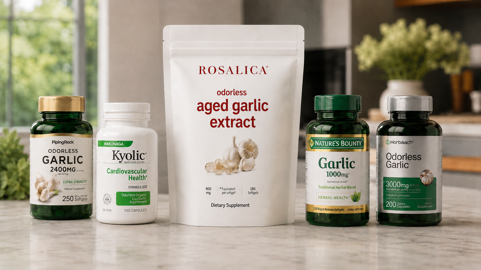 Top 5 odourless aged garlic extract supplements comparison on kitchen counter