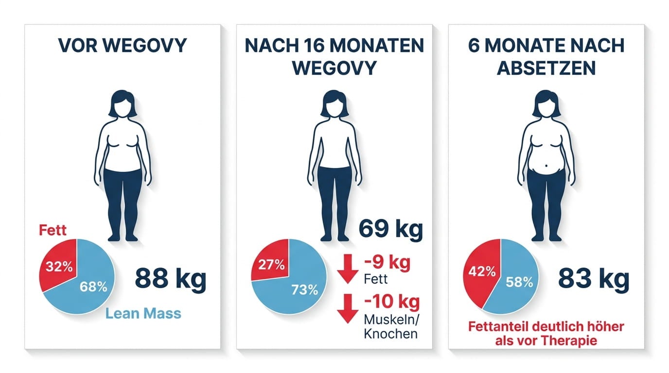 Vergleich Körperzusammensetzung vor Wegovy, nach 16 Monaten und 6 Monate nach Absetzen