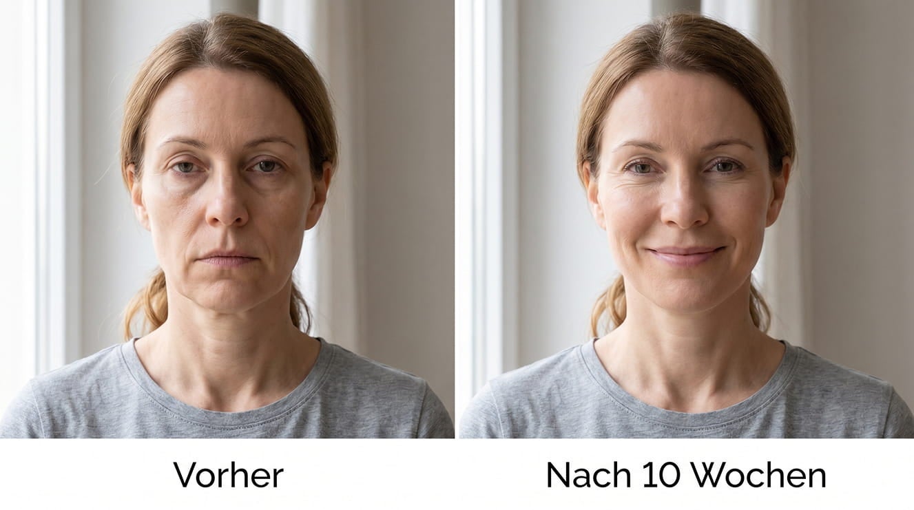 Vorher und Nach 10 Wochen SMAP+peptide: sichtbar straffere Wangenkonturen, frischeres Hautbild