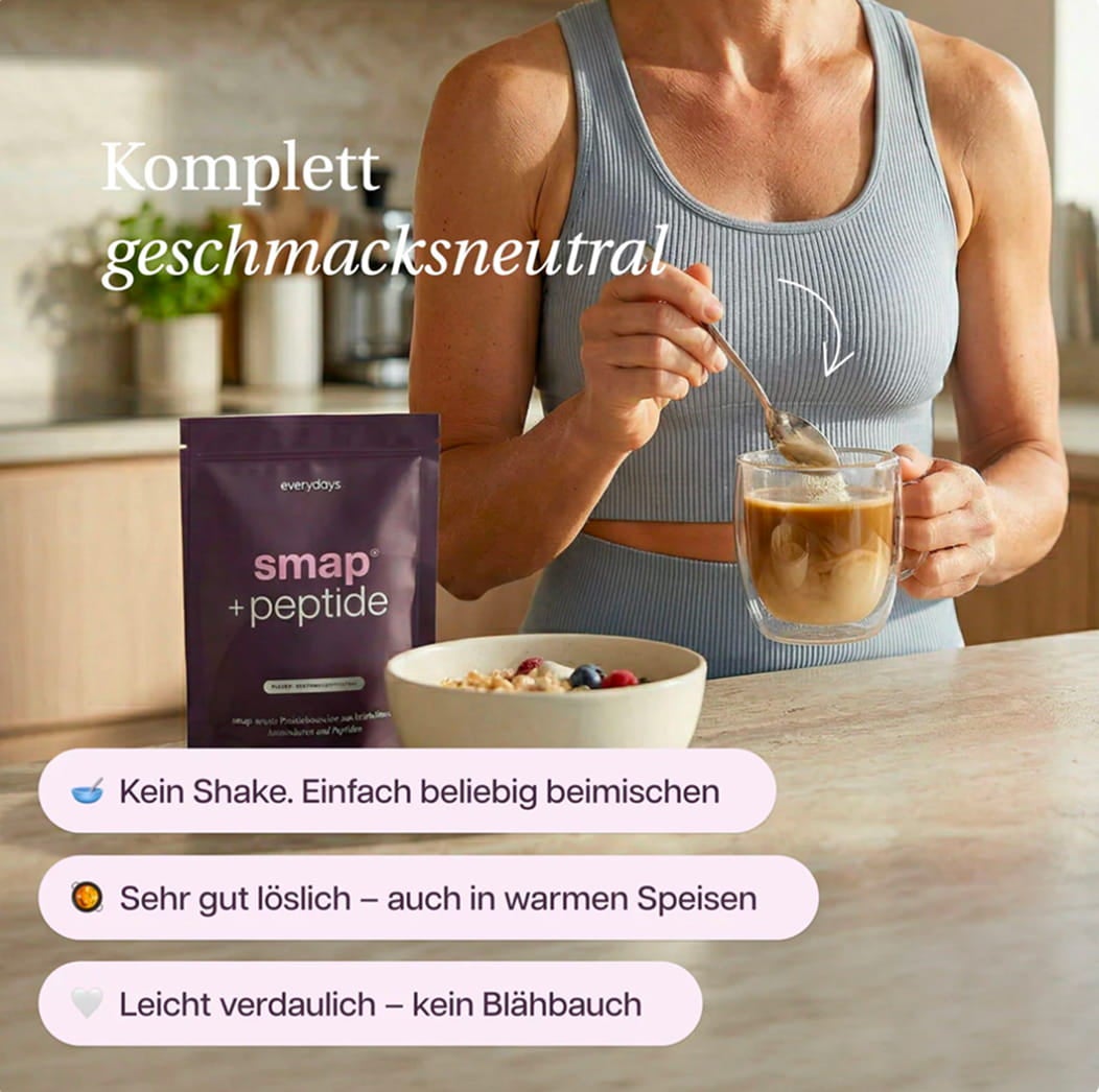 Komplett geschmacksneutral: Ein Messlöffel SMAP+peptide in den Morgenkaffee — kein Shake, leicht verdaulich
