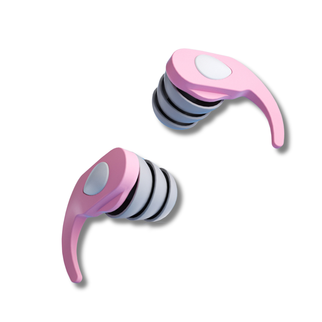 Pink and white wireless earbuds on a black background.