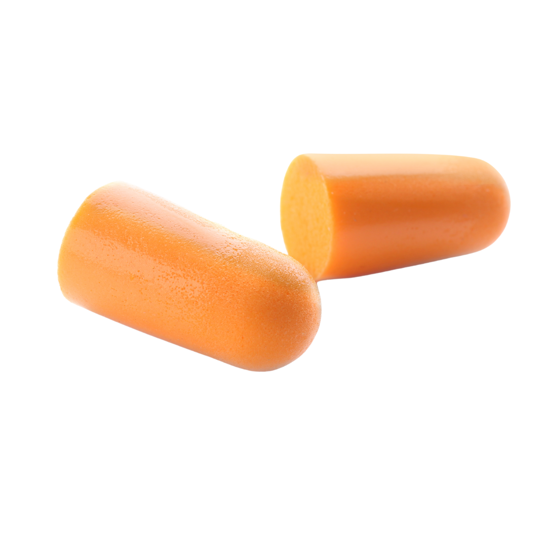 Two orange foam earplugs on a white background.