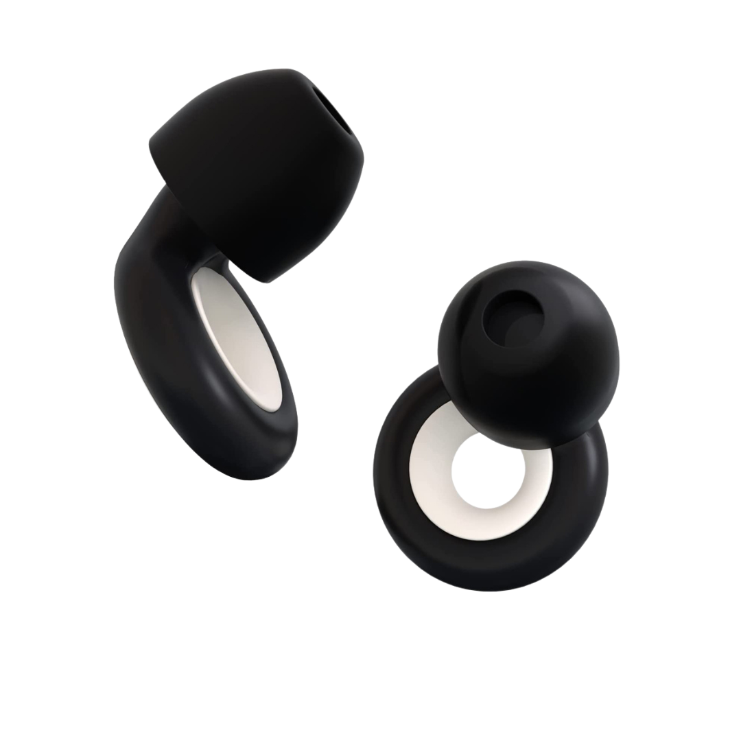 Two sleek black earbuds with a modern, looped design.