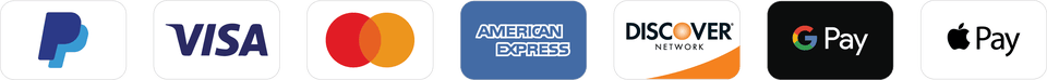 PayPal, Visa, Mastercard, American Express, Discover, Google Pay, and Apple Pay