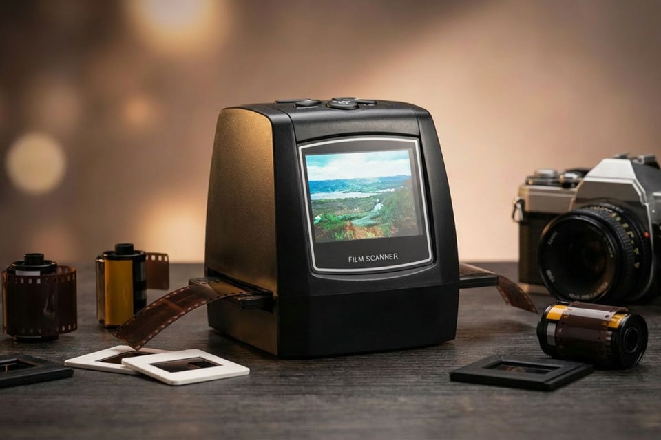 MemoryVault Box Pro film scanner with slides, negatives, and a camera