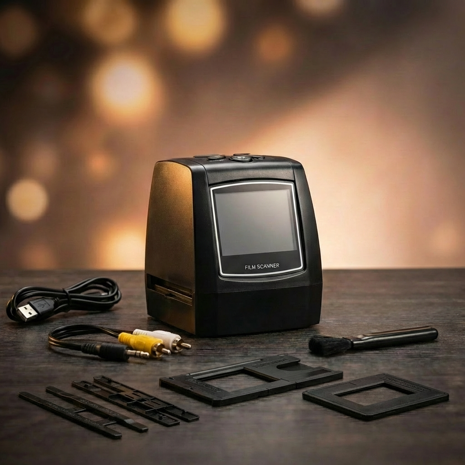 Film scanner and included film holders, cables, and accessories