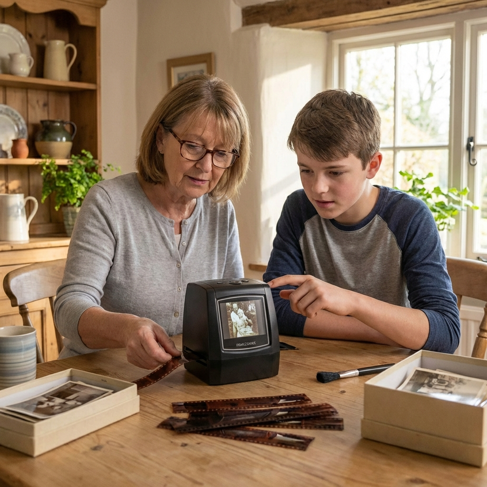 A family scanning film together at home