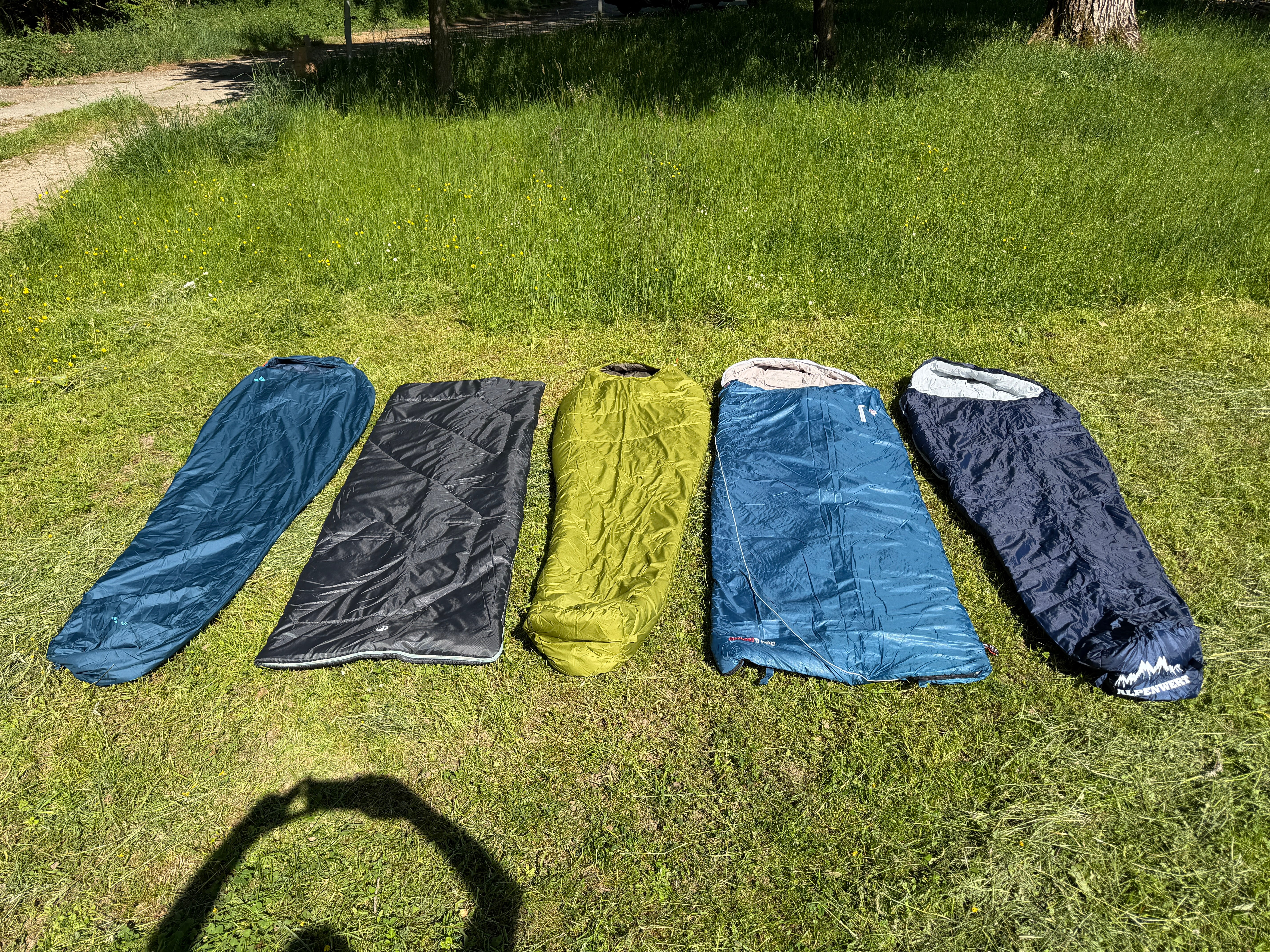 5 Sommerschlafsäcke im Vergleichstest auf der Wiese ausgerollt