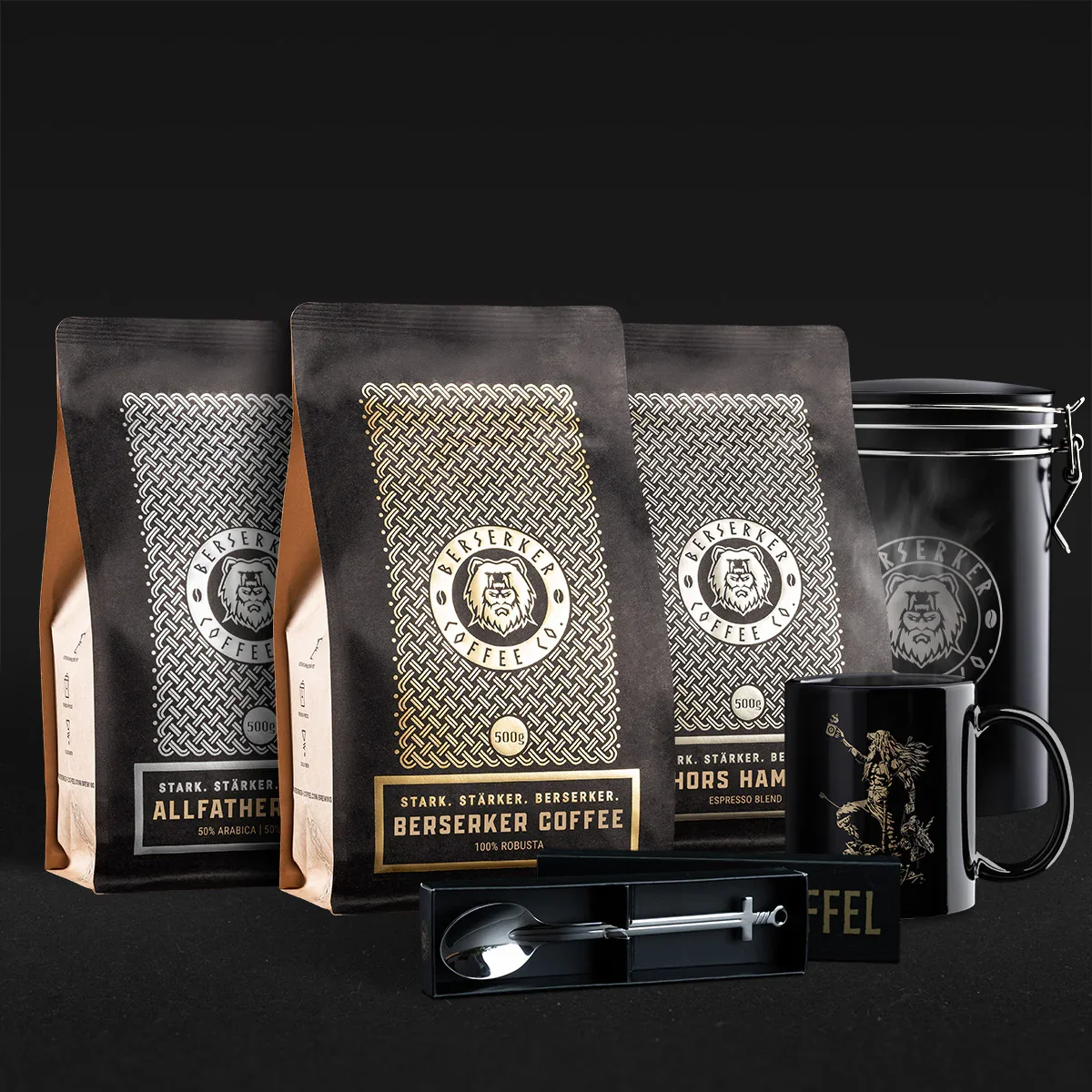 Berserker Coffee Entdecker-Paket mit Kaffeedose, Tasse und Schwert-Löffel