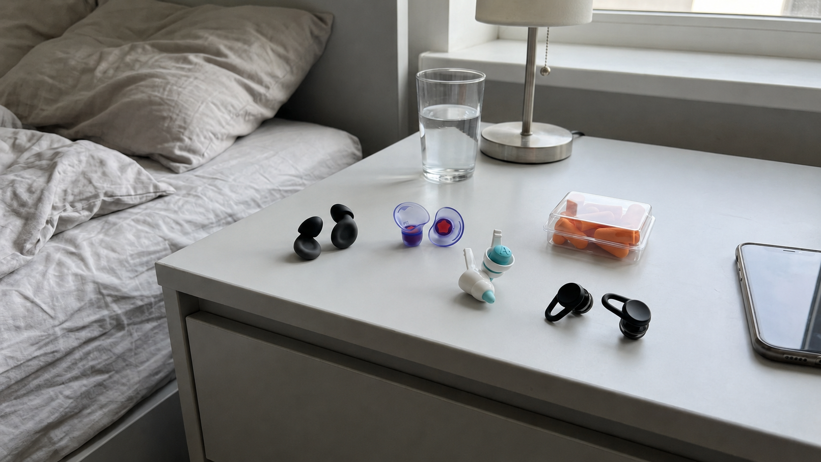 The 5 sleep earplugs from the test laid out side by side: foam, Loop Dream, Manta, Alpine, Hears Sleep.