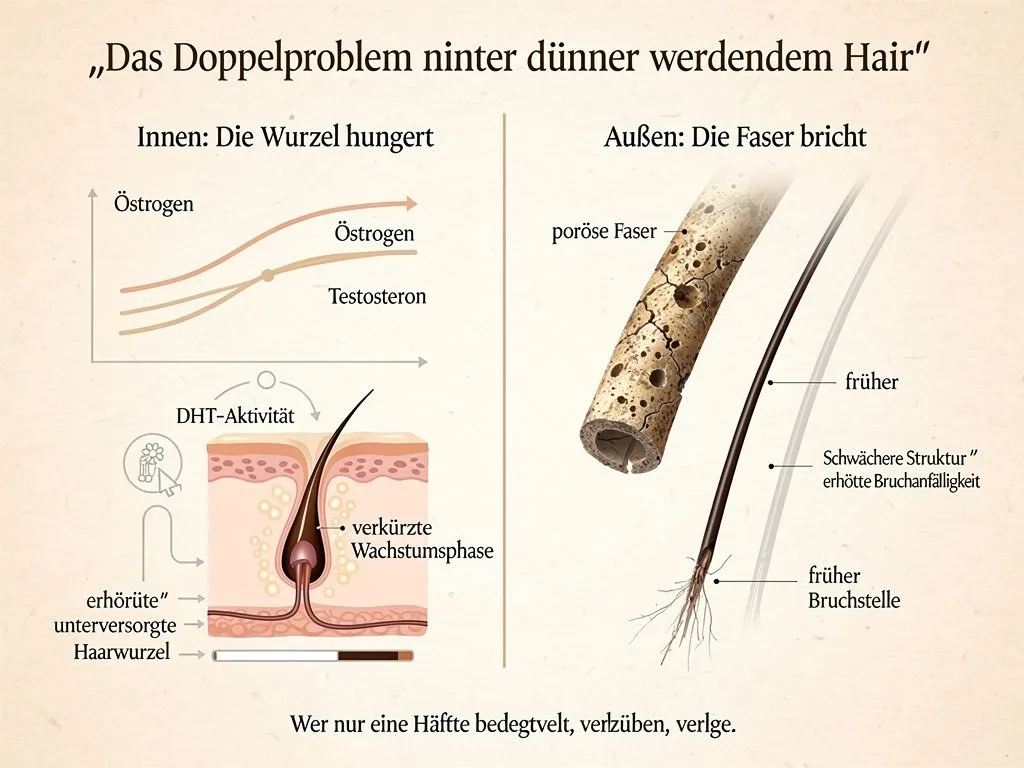 Schaubild: hormoneller Mechanismus, innen hungert die Wurzel, aussen bricht die Faser