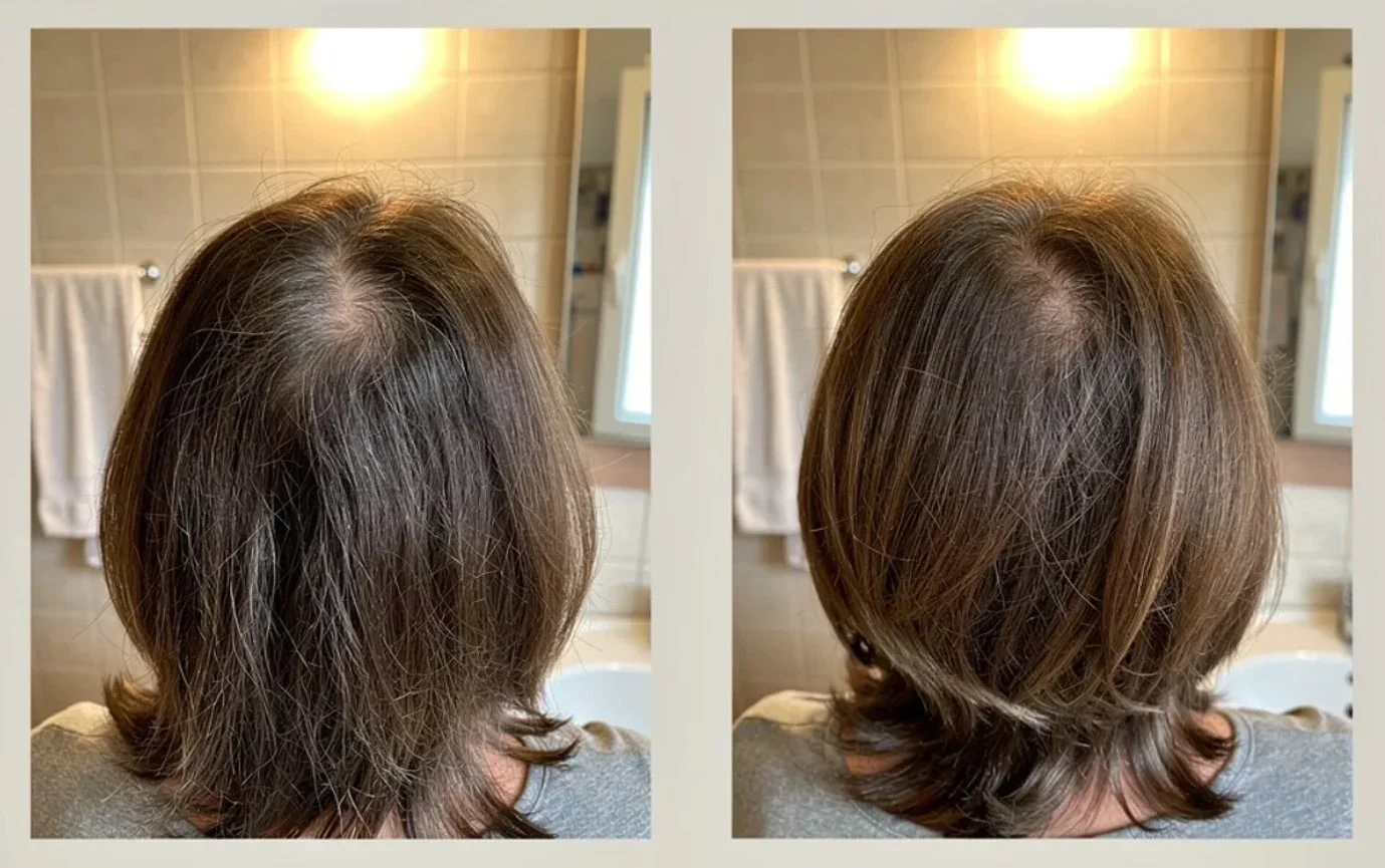 Scheitelbereich vorher und nach 12 Wochen, links vorher rechts nachher