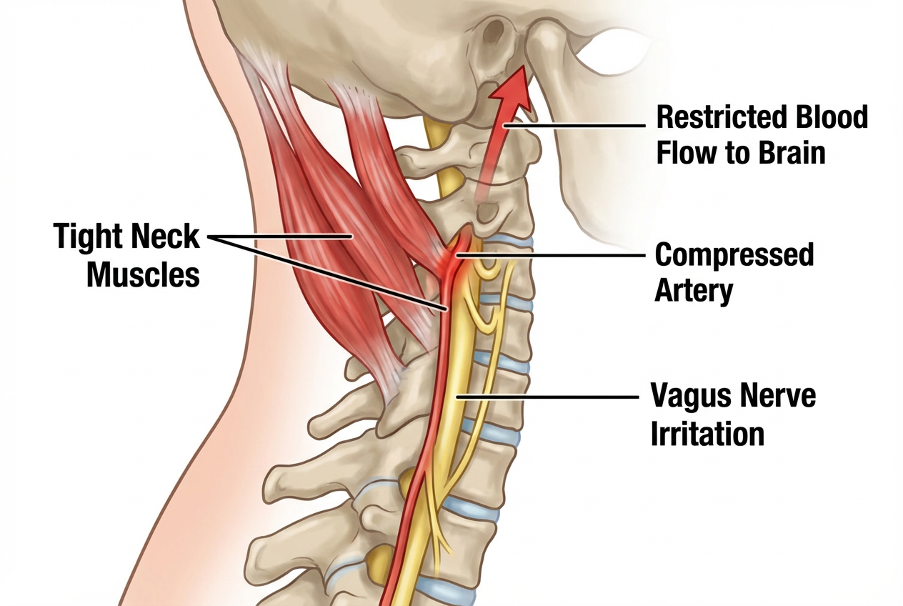 Illustration of the C1-C2 vertebrae and cervical anatomy