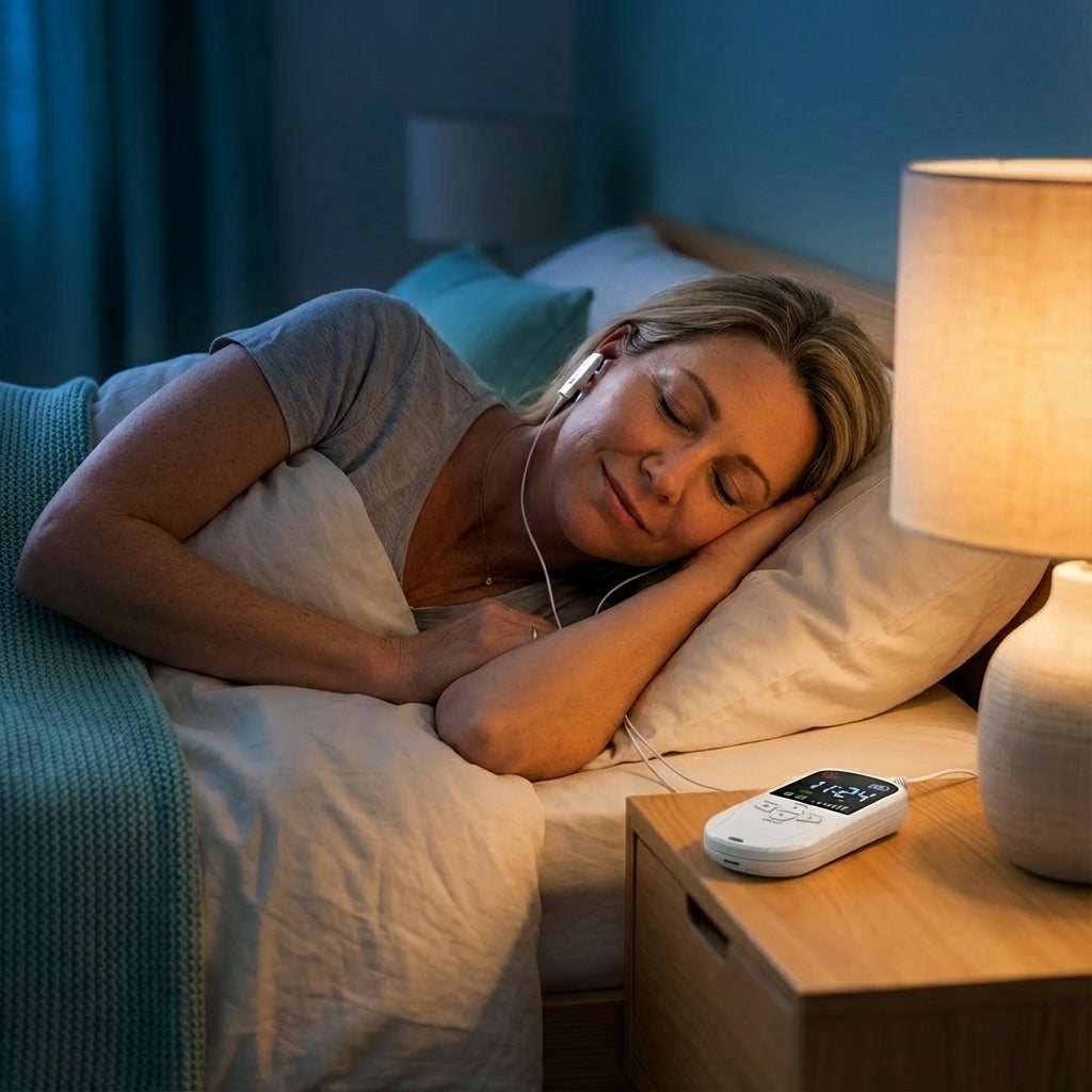 Frau entspannt mit Vagus-Ohrclip