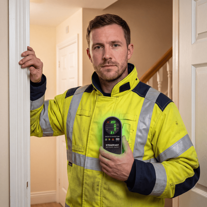 A firefighter holding the Steadfast Haven detector
