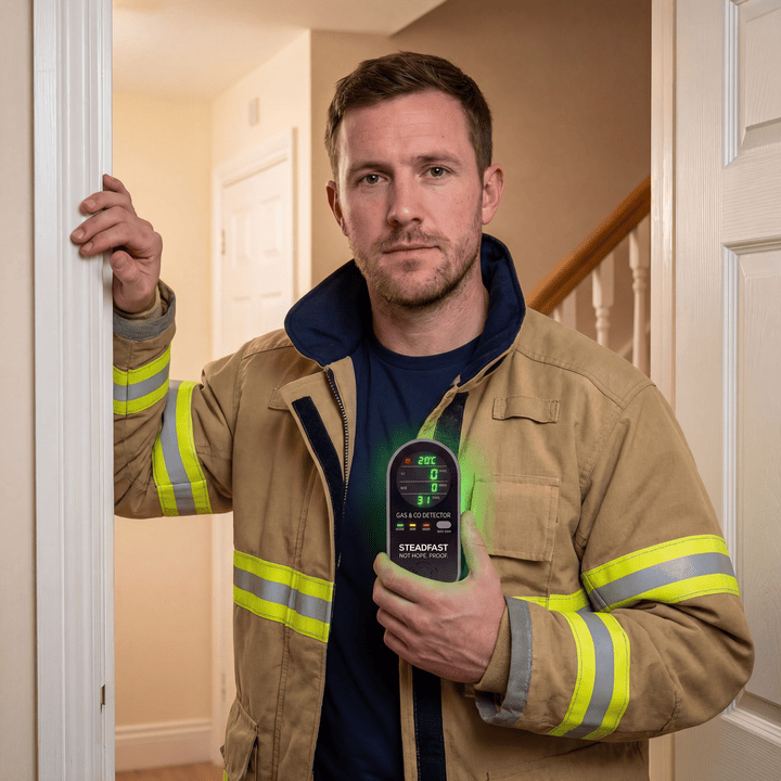 A Canadian firefighter holding the Steadfast Haven detector